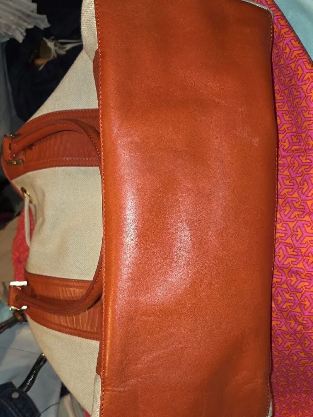 Tory Burch Cream Canvas Tote with Tan Leather Trim
